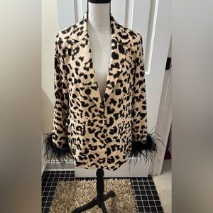 Jodifl Leopard Print Blazer with Feather Cuffs